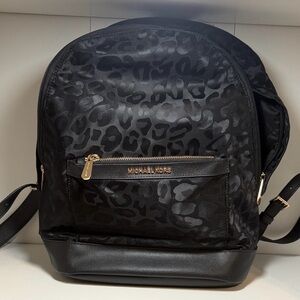 Michael Kors Black Satin Leopard-Print Backpack with Gold Hardware